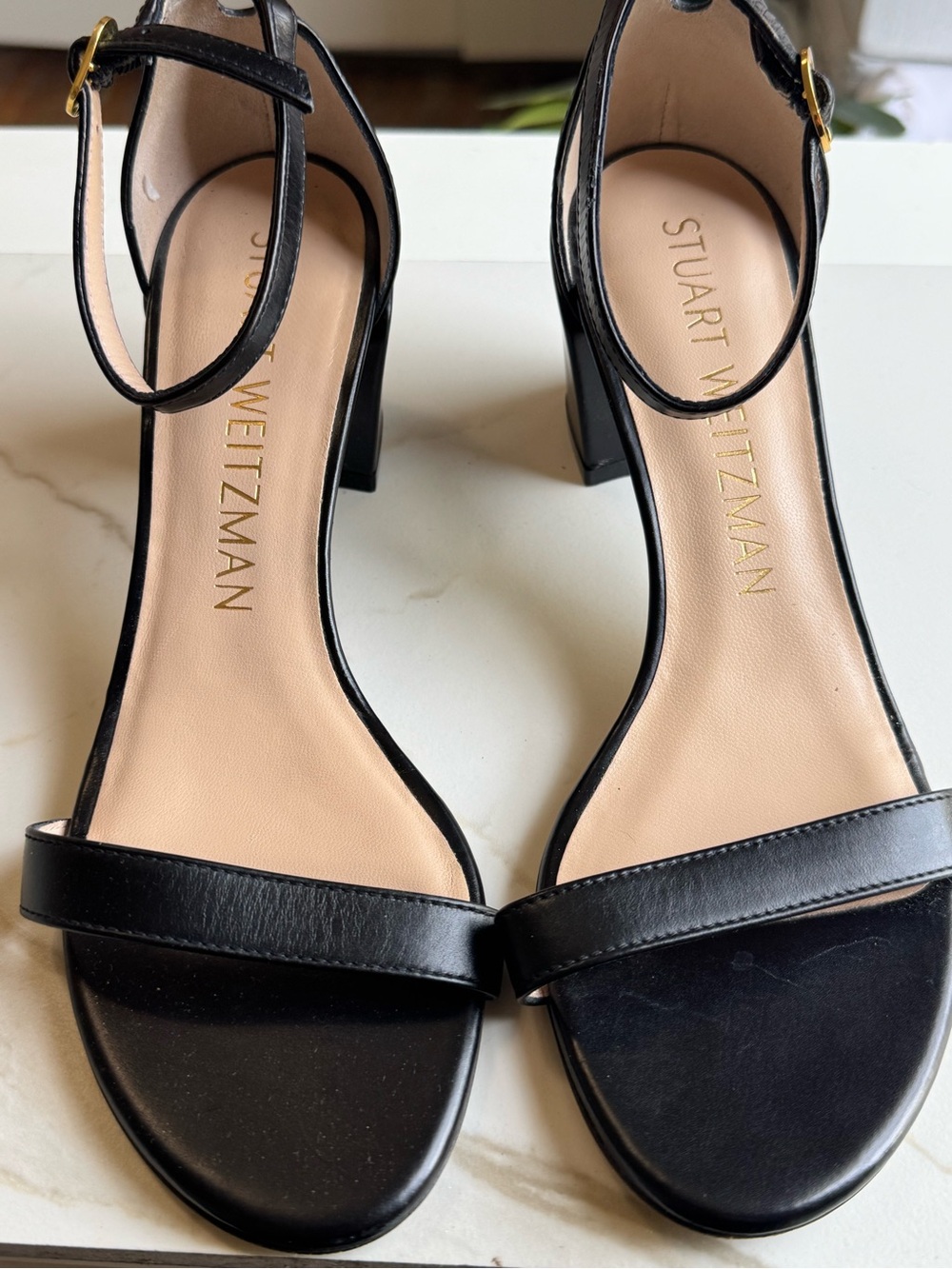 Stuart Weitzman Black Leather Simple Block Heel Sandals